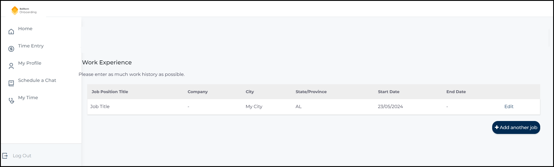 The old Work Experience section showing a list of work records with text-based Edit and Delete links.